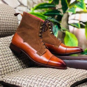 Handmade Brown Leather Suede Cap Toe Lace Up Boot - leathersguru