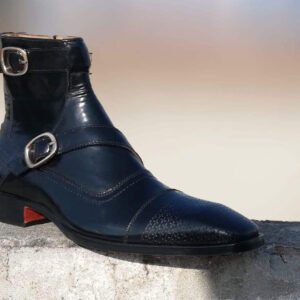 Handmade Men's Black Leather Cap Toe Buckle Ankle Boot - leathersguru
