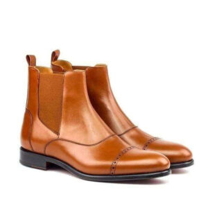 Handmade Men's Ankle High Brown Leather Cap Toe Chelsea Boot - leathersguru