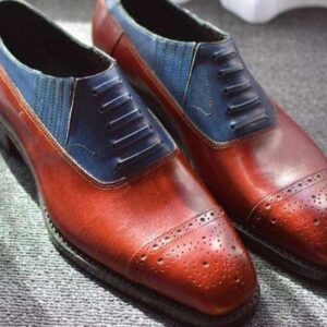 Handmade Men's Leather Brown Blue Cap Toe Brogue Shoes - leathersguru