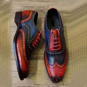 Handmade Navyblue Burgundy Wingtip Brogue Leather Shoes - leathersguru