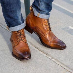 Bespoke Cap Toe Brogue Tan Leather Boots - leathersguru