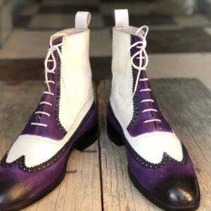 Men's Ankle White & Purple Wingtip Leather Boot - leathersguru