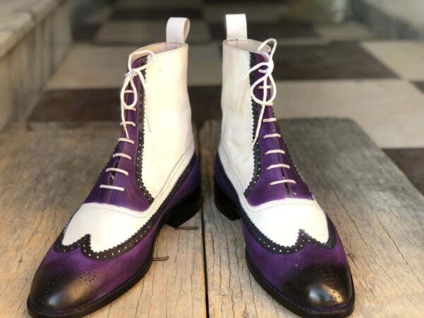 Men's Ankle White & Purple Wingtip Leather Boot - leathersguru