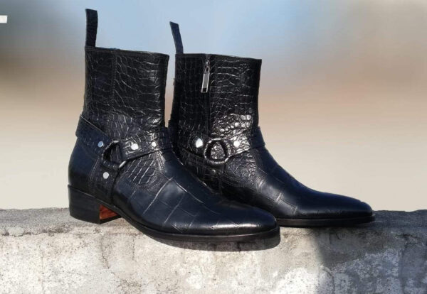 Handmade Men's Ankle High Leather Black Buckle Side Zipper Boot - leathersguru