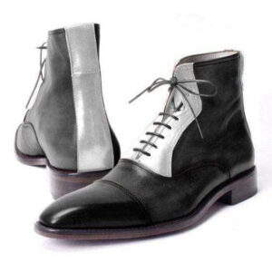 Handmade Black Grey Leather Cap Toe Lace Up Boot - leathersguru
