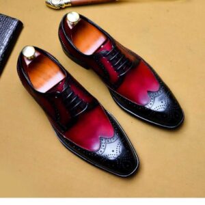 Bespoke Black & Red Leather Wing Tip Dress Shoes for Men