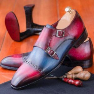 Handmade Men's Burgundy Leather Monk Strap Blue Cap Toe - leathersguru