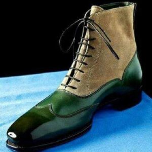 Men's Ankle High Green Beige Leather Suede Wing Tip Boot - leathersguru