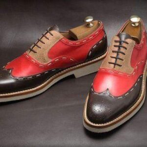 Handmade Black Red Beige Wing Tip Brogue Shoe - leathersguru