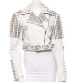 Leather Rider Womens For Mens Silver Tone Studded White Leather Jacket