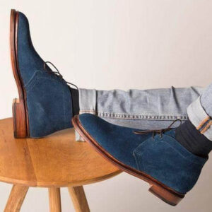 Handmade Men's Ankle High Navy Blue Suede Chukka Boot - leathersguru