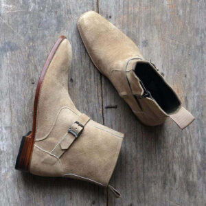 Handmade Men's Ankle High Beige Suede Jodhpurs Buckle Boot - leathersguru