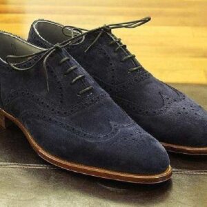 Handmade Navy Blue Suede Wing tip Brogue Shoes - leathersguru