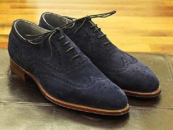 Handmade Navy Blue Suede Wing tip Brogue Shoes - leathersguru