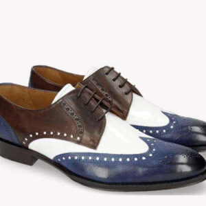 Handmade Blue White Brown Wing Tip Brogue Shoe - leathersguru