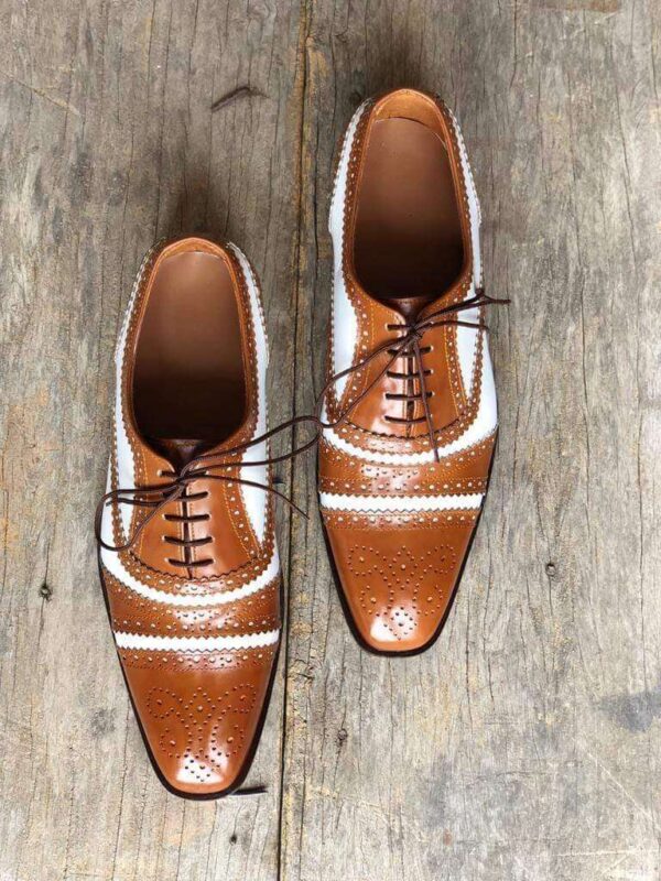 Men's Leather White Brown Cap Toe Lace Up Shoes - leathersguru