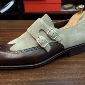 Handmade Brown Gray Monk Leather Suede Shoe - leathersguru