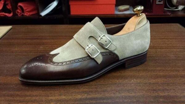 Handmade Brown Gray Monk Leather Suede Shoe - leathersguru