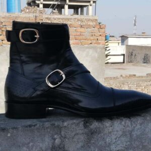 Handmade Black Leather Double Buckle Cap Toe Boots - leathersguru