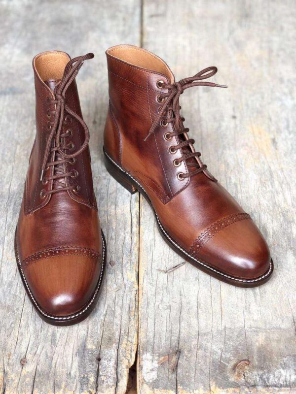 Handmade Men's Ankle High Brown Leather Cap Toe Boot - leathersguru