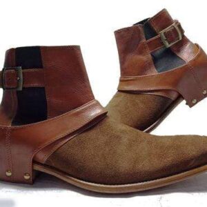 Handmade Men's Ankle High Suede Leather Brown Buckle Boot - leathersguru