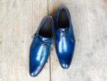 Men's Blue Leather Lace Up Derby Shoes - leathersguru