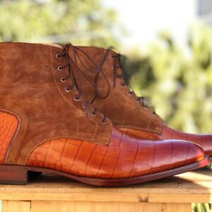 Bespoke Tan Brown Leather Suede Lace Up Boots - leathersguru