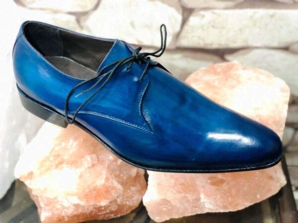 Men's Blue Leather Lace Up Derby Shoes - leathersguru