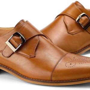 Handmade Tan Cap Toe Brogue Monk Strap Shoes - leathersguru