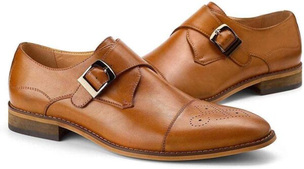 Handmade Tan Cap Toe Brogue Monk Strap Shoes - leathersguru