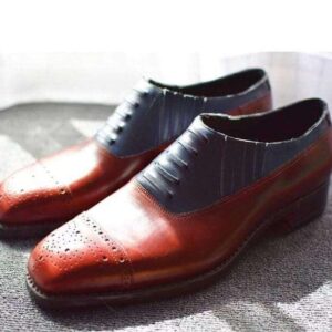 Handmade Men's Leather Brown Blue Cap Toe Brogue Shoes - leathersguru