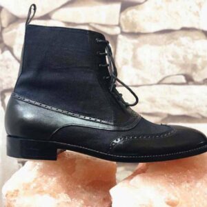 Handmade Black Leather Tweed Wing Tip Boot - leathersguru