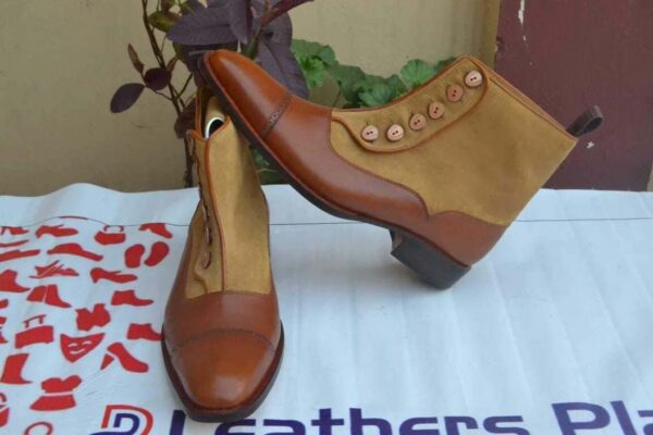 Men's Ankle Brown Leather Suede Cap Toe Button Top Boot - leathersguru