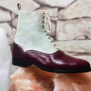 Handmade Men's Ankle Leather Suede Burgundy White Lace Up Boot - leathersguru