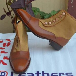 Handmade Men's Ankle Leather Suede Cap Toe Tan Brown Button Top Boot - leathersguru