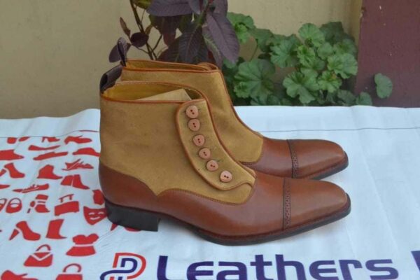 Men's Ankle Brown Leather Suede Cap Toe Button Top Boot - leathersguru