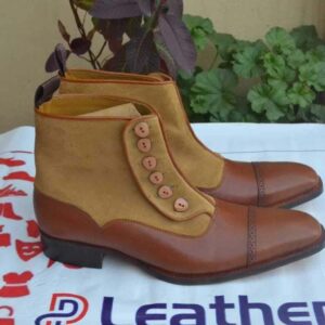 Handmade Men's Ankle Leather Suede Cap Toe Tan Brown Button Top Boot - leathersguru