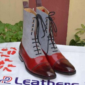 Handmade Burgundy Gray Leather Suede Boot - leathersguru