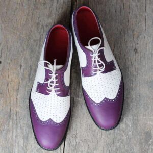 Handmade Leather White Purple Wing Tip Shoe - leathersguru