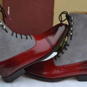 Handmade Burgundy Gray Leather Suede Boot - leathersguru