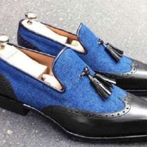 Men's Leather Tweed Loafer Blue Black Wing Tip Tussles Shoes - leathersguru