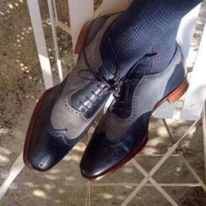 Two tone Navy blue Gray dress leather brogue shoes - leathersguru