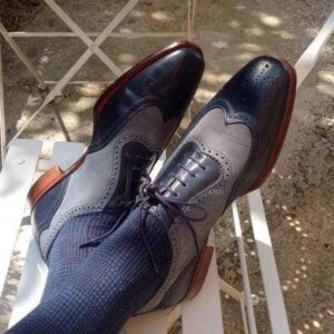 Two tone Navy blue Gray dress leather brogue shoes - leathersguru