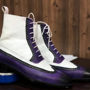 Bespoke White & Purple Leather High Ankle Wing Tip Boot - leathersguru