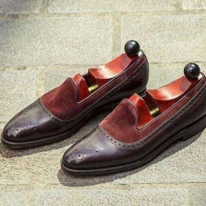 Men's Suede Leather Loafers Shoes, Maroon & Dark Brown Color Slip On Brogue Shoes - leathersguru