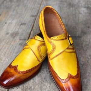 Bespoke Yellow Tan Brown Leather Monk Strap Wing Tip Shoes for Men's - leathersguru