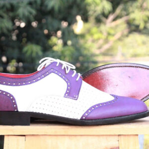 Bespoke Purple White Leather Wing Tip Lace Up Shoes - leathersguru