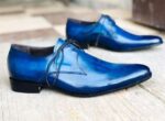 Men's Blue Leather Lace Up Derby Shoes - leathersguru