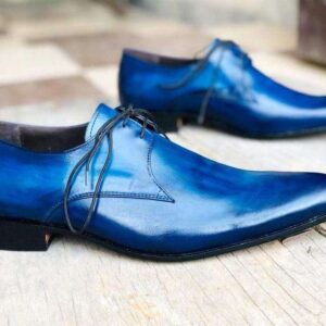 Men's Blue Leather Lace Up Derby Shoes - leathersguru